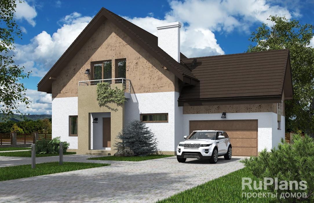 Rg5519 — проект одноэтажного дома с мансардой, террасой, гаражом и балконом