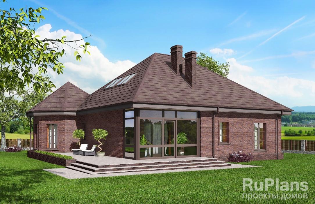 Rg5599 — проект одноэтажного дома с мансардой, террасой и зимним садом