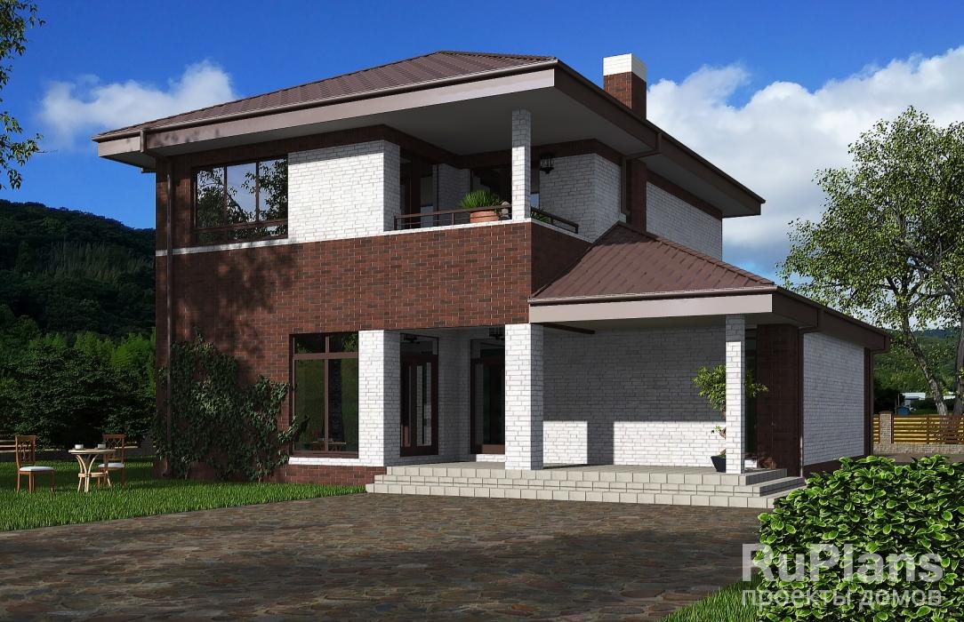 Rg5497 — проект двухэтажного дома с гаражом, террасой и балконом
